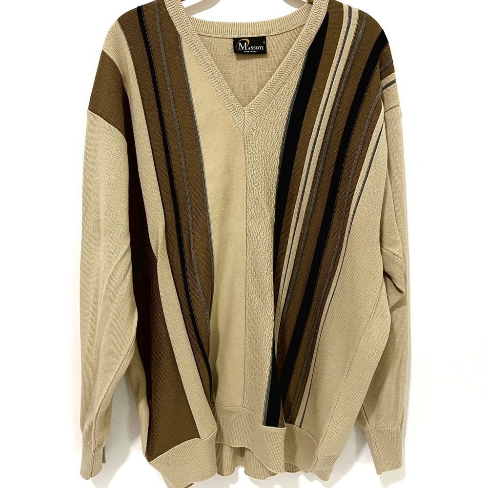 Men's V-Neck Striped Sweater - Cream and Brown